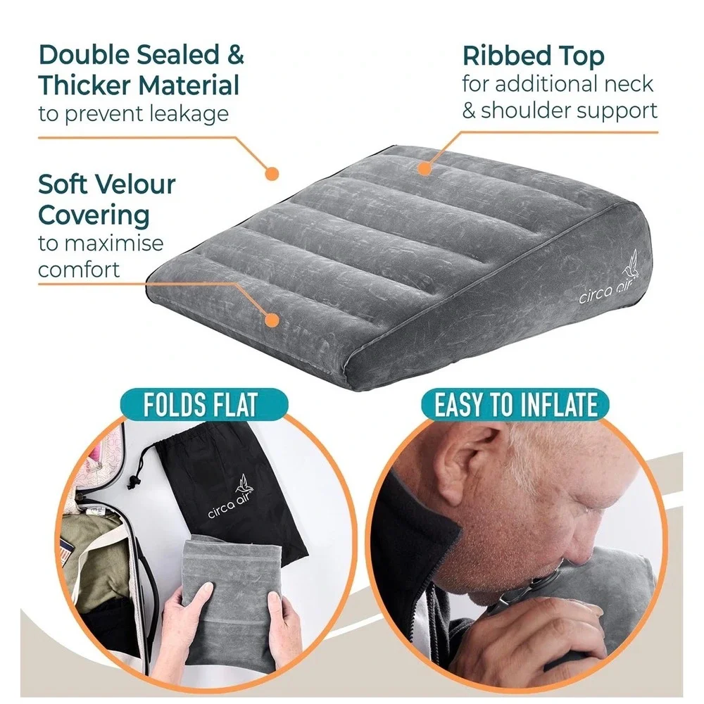 Circa Air Inflatable Wedge Pillow 24x24x8 Travel Portable Gray with Cover Bag